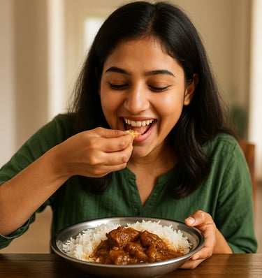 Smiling woman savoring fresh goat meat biryani at home from Mutton Lovers