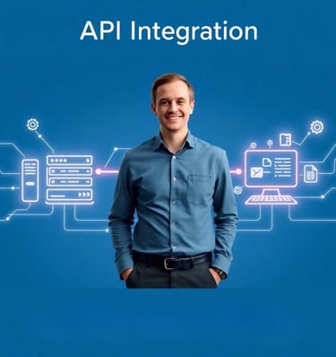 Мужчина в синей рубашке и черных брюках с синим фоном об услугах интеграции API