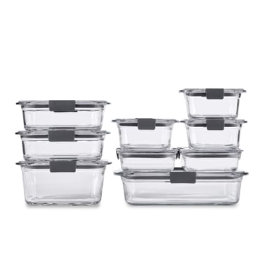 Rubbermaid Brilliance 18-piece glass food storage set with airtight leak-proof lids.