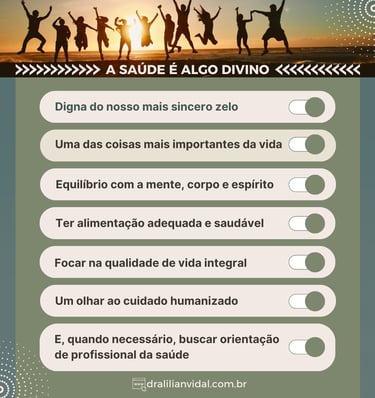 Um pôster com 7 dicas sobre saúde, e no topo da imagem, tem um grupo de pessoas pulando no ar