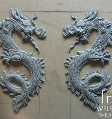 Book-matched Chinese Dragons - clay sculptures - Jeremiah D Welsh