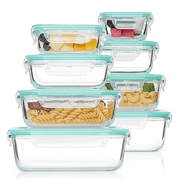 Vtopmart 8-pack borosilicate glass meal prep containers with airtight snap-locking lids.