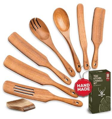 7-piece premium teak wood spurtle and spatula set from Woodlands USA.