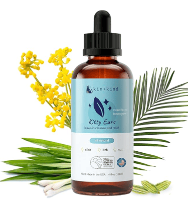 kin+kind non-toxic cat ear cleaner with organic fennel and lemongrass for wax removal.
