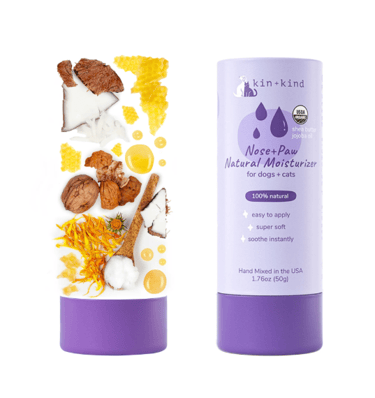 kin+kind natural nose and paw balm stick for dogs and cats featuring shea butter and jojoba oil.