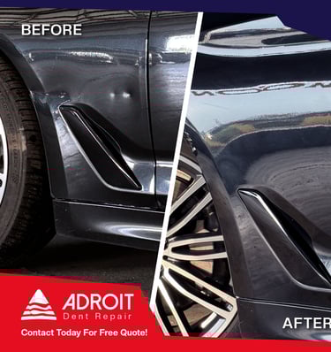 Deep dings and crease on BMW 540i frender, aluminium panel, rod pushing & hot glue pulling