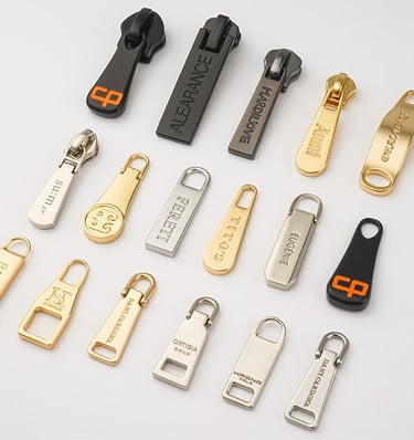 A collection of sleek and metallic custom zipper pullers, fully customizable by King Fly.
