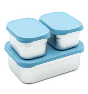 WeeSprout 3-piece nesting stainless steel food storage containers with colorful silicone lids.