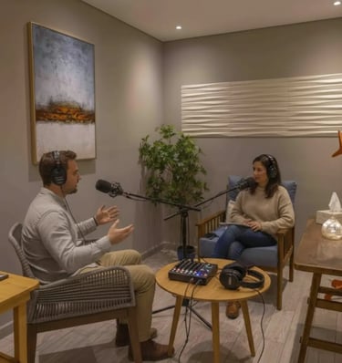 a man and woman sitting in a room