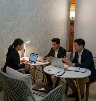 a group of people sitting around a table