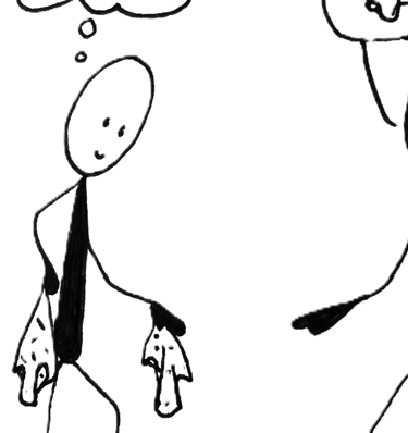 Two stick men, one has two Noseknot hankies and is thinking of a gift, the other is asking about the