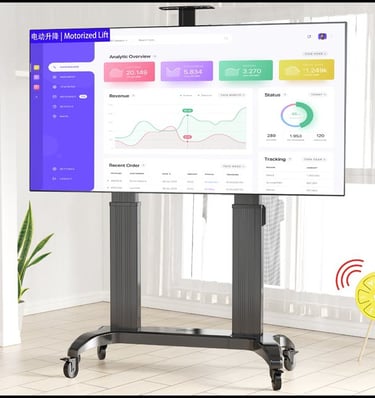 Stand soporte móvil con ruedas, con ascensor motorizado de altura ajustable de dos columnas