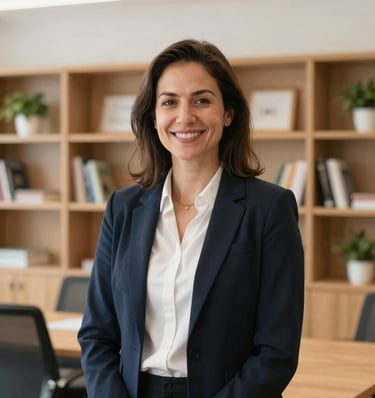 A warm, premium portrait of a professional female education director in British Columbia. She is smiling, standing in a bright, modern school office environment with clean wooden shelves and subtle plants in the background, conveying trustworthy leadership.
