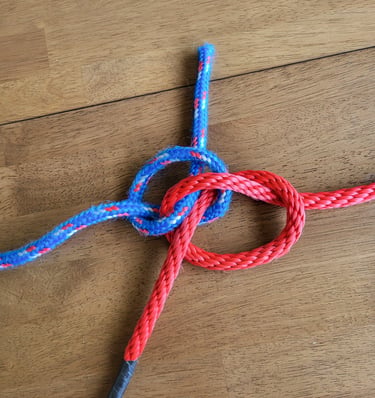 An untightened zeppelin bend, showing the two intertwined overhand knot structure