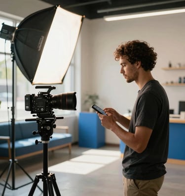 A creative videographer and digital marketer setting up professional video lighting for a local business commercial shoot in a modern studio in North American / US / Florida. Warm daylight and slate blue props.