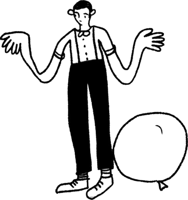 Disegno nero su bianco di pascal il clown, con dietro di sè un enorme palloncino