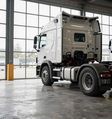 Wide showroom floor viewed from left side, a heavy-duty semi-truck tractor unit parked at right frame, daylight flooding through large industrial windows, concrete floor, scale evident, no people, clean studio-level lighting