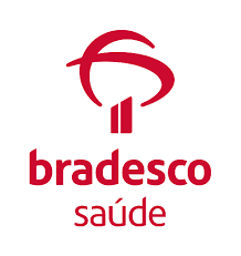 Red Bradesco Saude logo with icon on a white background for Brazilian health insurance.