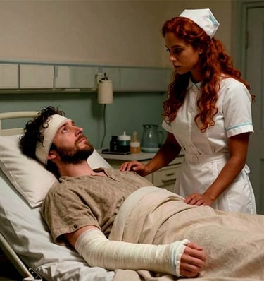 Red-haired nurse in vintage uniform caring for an injured man with head and arm bandages in a hospital bed.