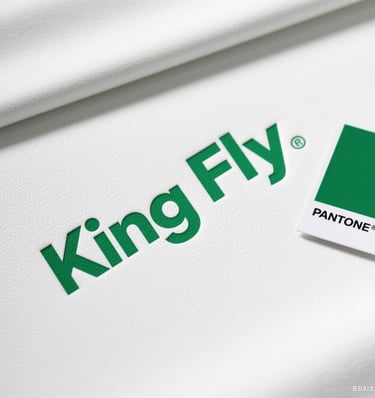 Crisp screen printing of the King Fly logo, showcasing vibrant PMS color matching.