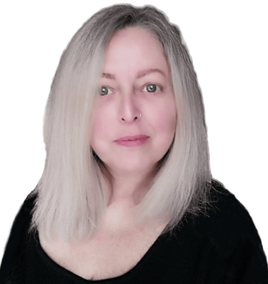 Middle-aged woman with long blonde hair and a nose ring