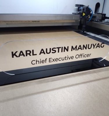Desk name plate for Karl Austin Manuyag, CEO.