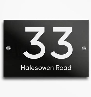 Black acrylic address sign with the number 33 and 'Halesowen Road' text.