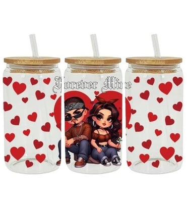 Three soda glasses with heart patterns and a couple illustration with 'Forever Mine' text.