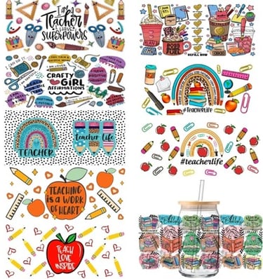 Assortment of colorful teacher-themed UV DTF transfer stickers with various designs.