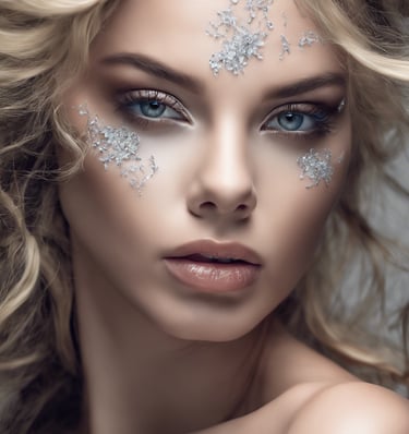 a very beautiful woman with a snowflake makeup on her face