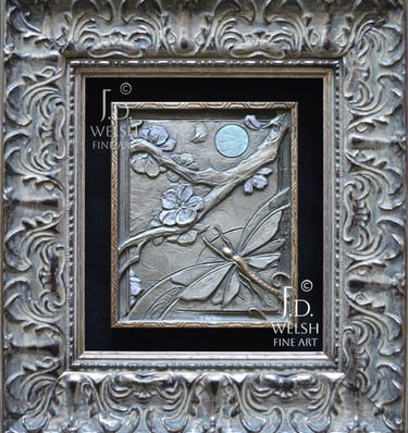 Small framed bronze sculpture, "A Light and Aloft" features a mayfly, cherry blossoms the sun.