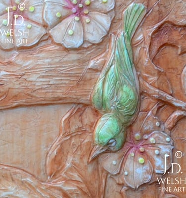 Mejiro Birds in Plum Blossoms - resin relief sculpture - Visions of Spring NSS - Jeremiah D Welsh