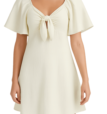 white short sleeve dress with front tie detail on a model