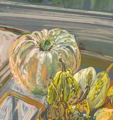 Pumpkins on the porch at Great Dixter - digital drawing
