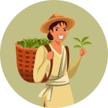 Illustration of a farmer holding fresh plants, representing ethically sourced ingredients with integrity.