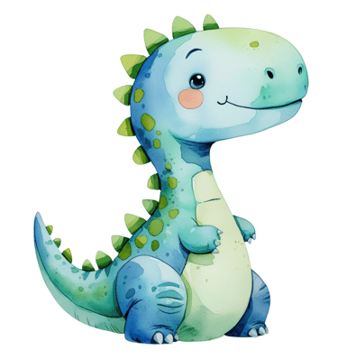 Cute blue-green dinosaur cartoon with blush cheeks, smiling and standing upright, watercolor style k