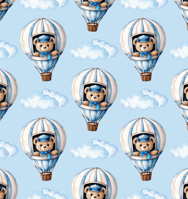 a teddy bear in a blue sky with clouds