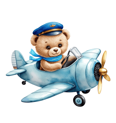 Cute teddy bear pilot in a blue vintage airplane, wearing cap and scarf with a golden propeller, wat