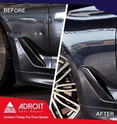 Deep dings and crease on BMW 540i frender, aluminium panel, rod pushing & hot glue pulling