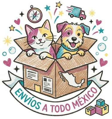 Illustrated cat and dog in a cardboard box for pet shipping across Mexico.