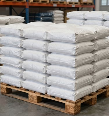 A clean, professional photograph showing high-quality white-label cat litter packaging and industrial bags of bentonite for ground wells, arranged neatly in a modern South American / Peruvian retail warehouse. The scene is well-lit with steel blue and crimson red accents on the packaging designs.