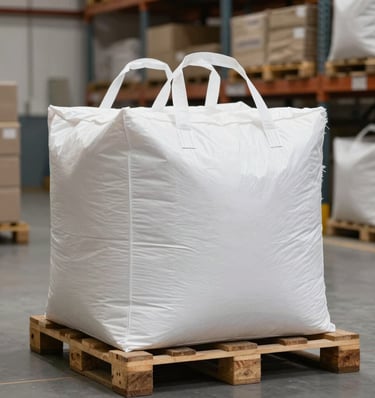 A clean, professional photograph showing high-quality white-label cat litter packaging and industrial bags of bentonite for ground wells, arranged neatly in a modern South American / Peruvian retail warehouse. The scene is well-lit with steel blue and crimson red accents on the packaging designs.