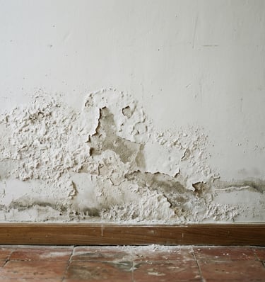 Salitre y restos blanquecinos en pared con humedad por capilaridad