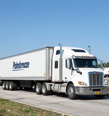 A powerful semi-truck cruising along a sunlit Florida highway with palm trees lining the road.