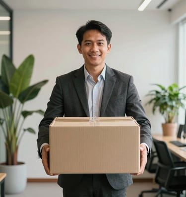 A professional Southeast Asian / Indonesian business manager in smart casual attire holding a high-quality eco-friendly cardboard packing box in a bright, modern, minimalist office with green indoor plants, warm professional lighting, realistic photography.