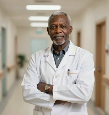 Professional portrait of a senior West African medical director in a crisp white lab coat with gold trim details, standing confidently in a modern, clean Nigerian hospital corridor, soft warm lighting, clinical excellence, trustworthy and premium healthcare.