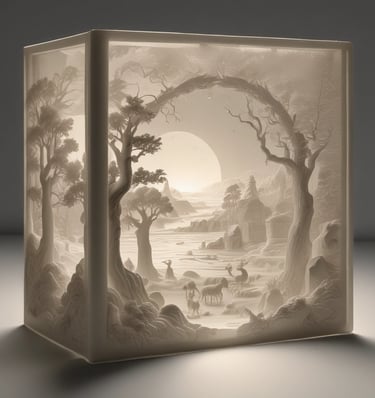 A 3D paper-cut lithophane light box featuring an intricate forest landscape with a glowing sun and wildlife.