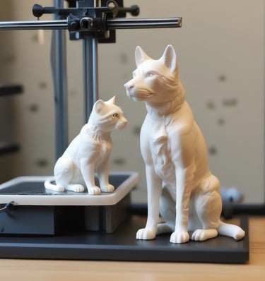 White 3D printed cat and dog figurines sitting on a 3D printer build plate.