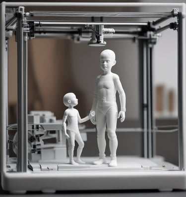 A modern 3D printer creating white humanoid figures of a child and an adult.