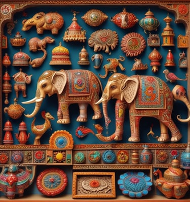 Intricately carved wooden statues and traditional Indian handicrafts arranged on a rustic table.